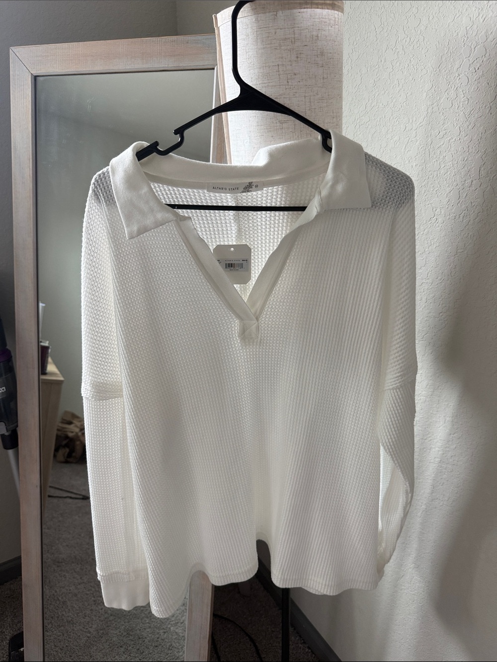 Altar'd State White Waffle-Knit Polo Pullover
